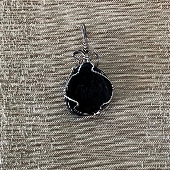 Handmade Glass Blue and Green Pendant Wrapped in Silver Wire - Picture 3 of 8